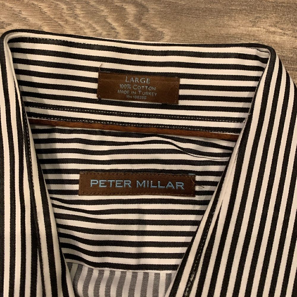 Peter Millar Men’s 100% Cotton Dress Shirt.  Size: L.  NWOT. Dark gray and white - Picture 2 of 3